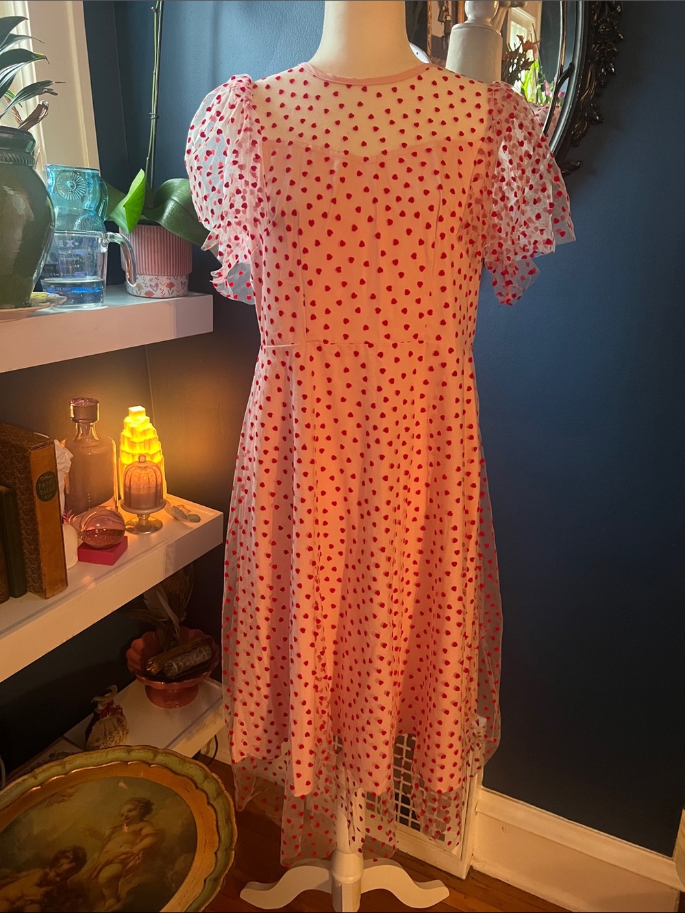 Red Heart-Print Midi Valentine’s Day Dress with Puff Sleeves